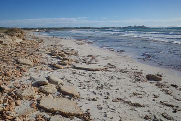Mallorca, Spain - Nov 1, 2023: Platja d' Es Trenc beach