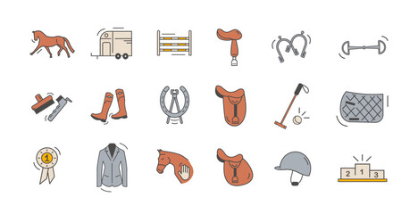 Horse Riding Essentials Flat Colored Icon Set. Vector Illustration of Equestrian Gear, Equipment and Activities in Minimal Outline Style. - obrazy, fototapety, plakaty