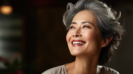 Asian gorgeous mature woman with natural makeup indoors, day light. Smiling confident aging model middle aged woman