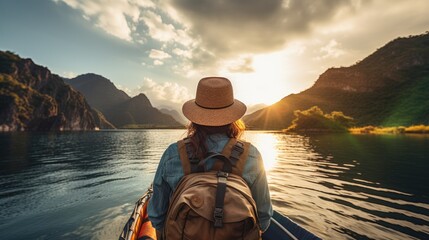Rear view of young woman traveler with backpack on boat among mountains enjoying sunset