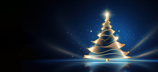 Magic Xmas tree made from gold lights on dark background, Christmas tree with golden glitter and star on night background with copy space banner