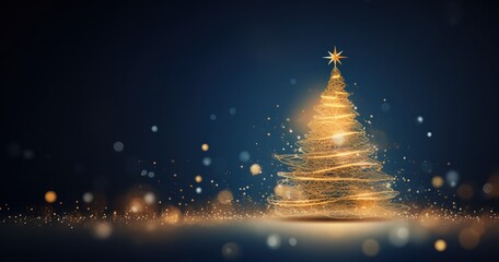 Christmas tree with golden glitter and star on night background with copy space banner