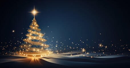 Golden Christmas tree with particlsa isolated on night. Merry Christmas background with copy space