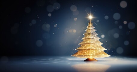 Golden Christmas tree with particlsa isolated on night. Merry Christmas background with copy space