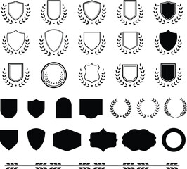 Medieval shields with stars and laurel wreaths set. Vector illustration shield with laurel wreath set - obrazy, fototapety, plakaty