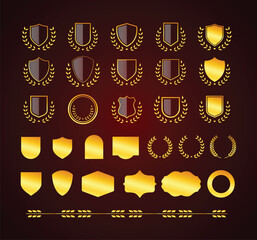 Golden shields laurel wreaths and badges collection laurel wreaths set. Vector illustration shield with laurel wreath set