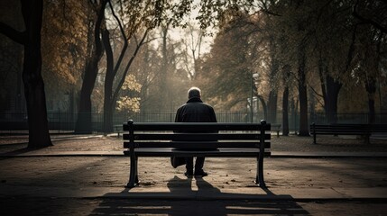 A man sits alone on a park bench. - obrazy, fototapety, plakaty