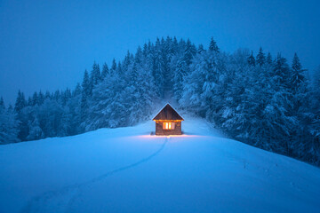 Isolated wooden cottage amid snow-laden conifers on a mountain clearing hidden within the forest in the winter. Christmas holiday and winter vacations concept - obrazy, fototapety, plakaty