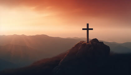 Wooden cross on the top of the mountain on New Year's Eve or Christmas - obrazy, fototapety, plakaty
