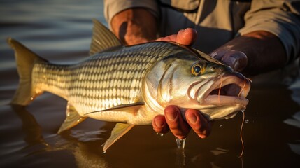 A tigerfish held in an anglers hands on the Zambezi river.