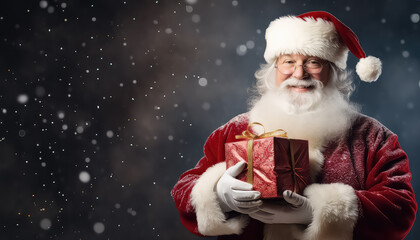 Santa Claus with a gift for children in the New Year or Christmas