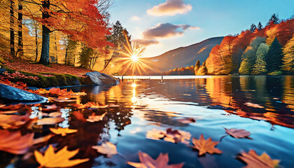 fail foilage autumn landscape with lake and trees ai generated art - obrazy, fototapety, plakaty