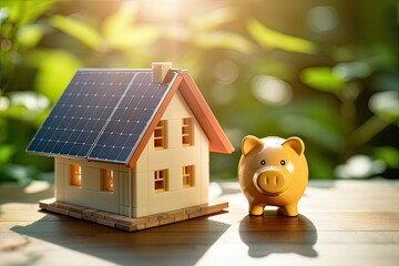 Piggy bank with a house with solar panels next to it. Save on your electricity bill