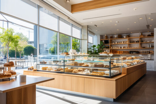 Airy bakery cafe interior with large windows and wooden shelving