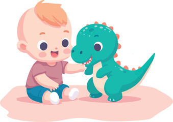 A flat vector Illustration of cute a baby playing with a baby dinosaur on a white background 
