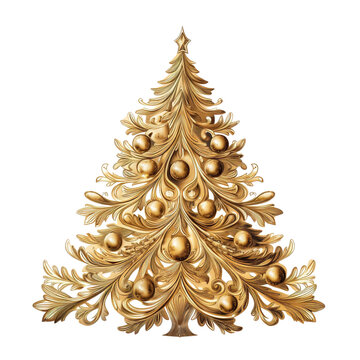 Vintage Elegance, Shiny Golden Christmas Tree Clipart in Antique Style, Isolated on Transparent Background - Ideal for Festive Holiday Illustrations and Elegant Seasonal Decoration
