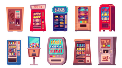 Snack machine. Cartoon vending machine with sweets, soda and coffee, cartoon vending machine with snacks for sale. Vector vending machine set - obrazy, fototapety, plakaty