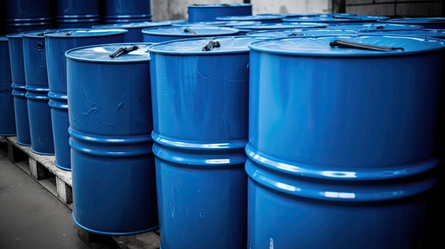 Blue plastic gallon drums barrel overlie together at a recycling plant.