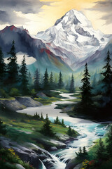 Mountain landscape Painting, Forest Clipart, Nature illustration - 678604328