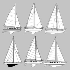 Sailing yacht sailboat model design vector outline drawing collection