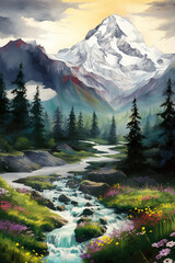 Mountain landscape Painting, Forest Clipart, Nature illustration - 678604335