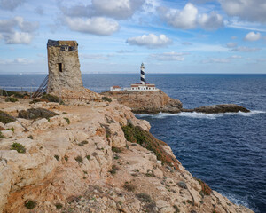 Mallorca, Spain - Oct 22, 2023: Tor de Cala Figuera and Lighthouse on the island of Mallorca