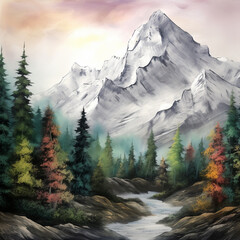 Mountain landscape Painting, Forest Clipart, Nature illustration - 678604379