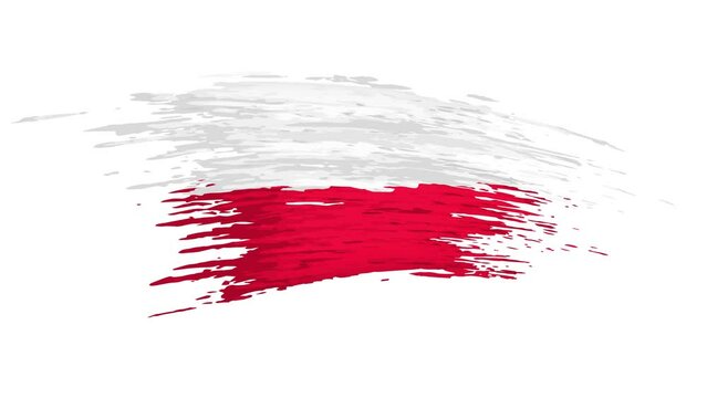 Poland flag animation. Brush painted polish flag on a white background. Grunge, cartoon. Poland patriotic template, national state banner, place for text. Animated design element, seamless loop