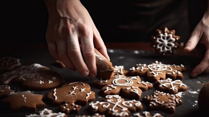 Christmas time. Close - up hands making gingerbread cookies.