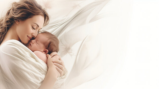 Smiling mother with a newborn baby. White banner