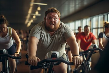 Overweight man cycles diligently in the gym. A testament to determination and a healthy lifestyle.  'generative AI' - obrazy, fototapety, plakaty