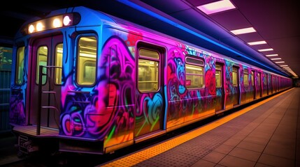 A vibrant subway train with dynamic graffiti, urban artistry shining under colorful lighting in a station, captures the essence of city life.Generative AI - obrazy, fototapety, plakaty