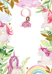 Watercolor cute unicorn illustration. Magical fantasy frame. The second birthday.