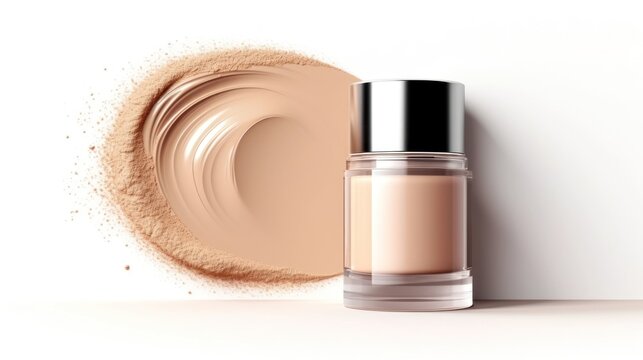 Foundation in bottle and face powder isolated on colored background.