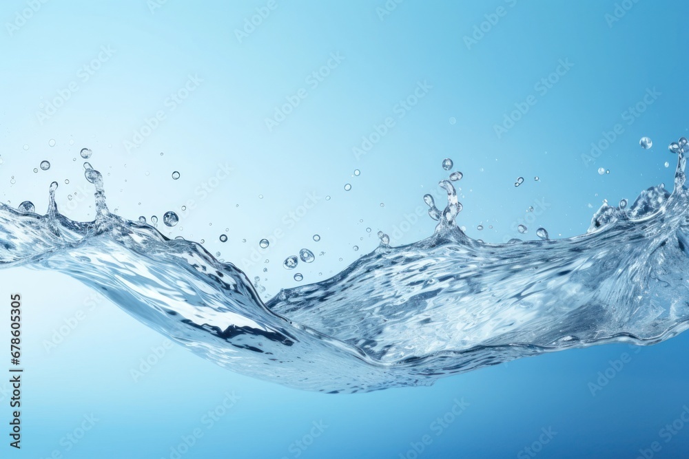 Poster Clear blue water splashes and waves with drops. Vector liquid splash with drops. 3D element. Clear drink. Clear water falling or foaming