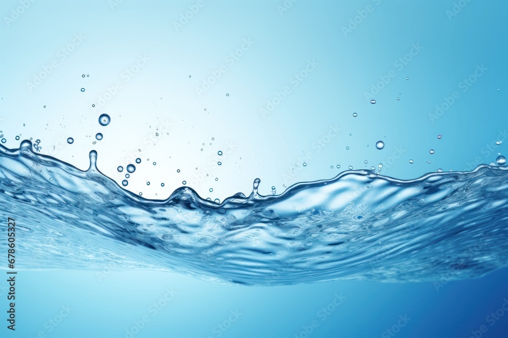Poster Clear blue water splashes and waves with drops. Vector liquid splash with drops. 3D element. Clear drink. Clear water falling or foaming