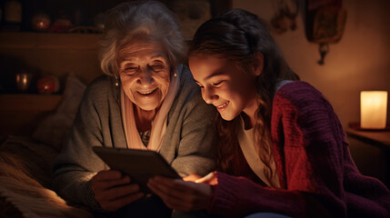 A grandmother becomes emotional while reliving memories with her granddaughter by viewing images and videos of family members and loved ones through a tablet. - obrazy, fototapety, plakaty