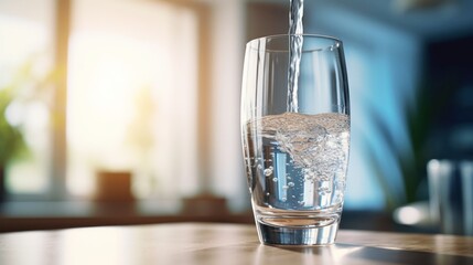 Close-up of clean drinking water from a bottle poured into a glass over sunlight and natural background.