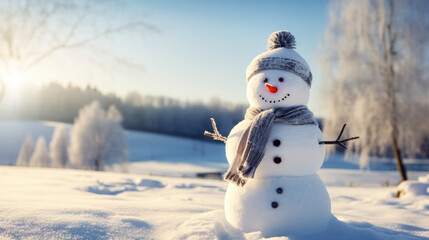 Fototapeta premium A happy snowman welcomes winter in a quiet snowy landscape on a sunny day.
