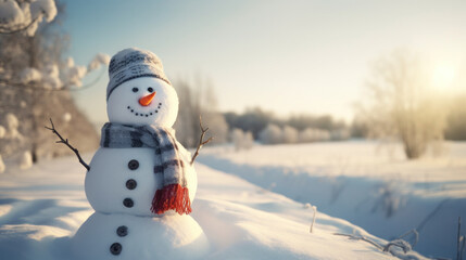 Obraz premium A happy snowman welcomes winter in a quiet snowy landscape on a sunny day.