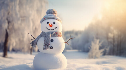 Obraz premium A happy snowman welcomes winter in a quiet snowy landscape on a sunny day.