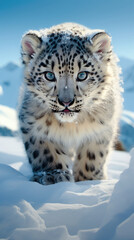 Obraz premium Snow leopard cubs crawl across the snow and play 