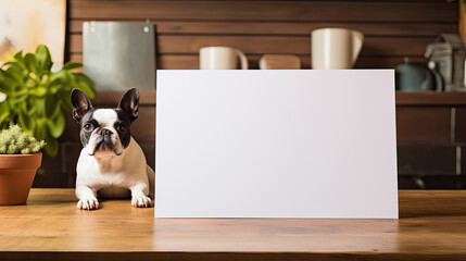 blank white sheet of paper on the table with a cute Boston terrier bulldog dog in the background created with Generative AI Technology - obrazy, fototapety, plakaty