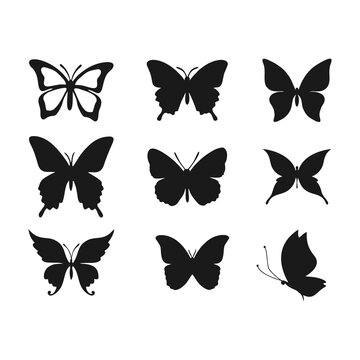 Cute butterflies silhouette set vector on a white background. Butterfly icons and silhouette collection. Beautiful monarch butterfly flying in different positions. Butterfly silhouette set design