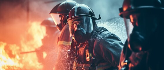 Firefighters bravely face the flames in protective gear with fire extinguishers in their hands. Courage concept - obrazy, fototapety, plakaty