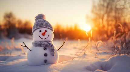 a smiling snowman at a winter sunset.