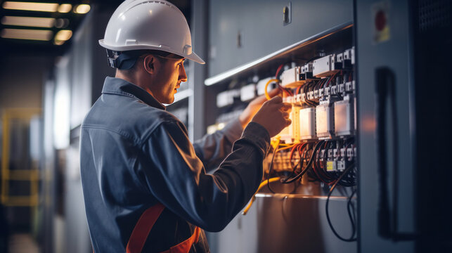 A professional electrician repairing electrical panels and demonstrating their skill in an industrial electrical work environment.