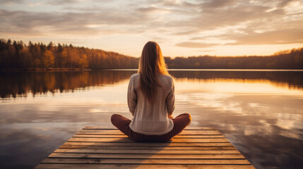 a young woman meditating on a wooden pier on the edge of a lake. mental health concept. - obrazy, fototapety, plakaty