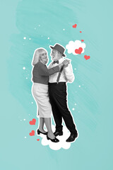 Image collage of enamored happy people soulmates dancing wedding waltz isolated on blue drawing...