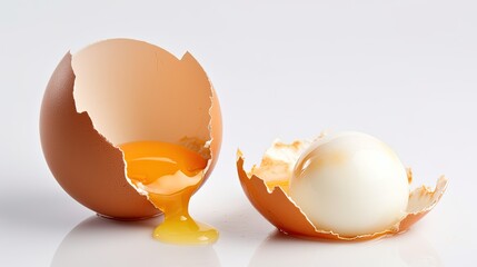 Egg cracked open and another egg that is not craked, on white background.